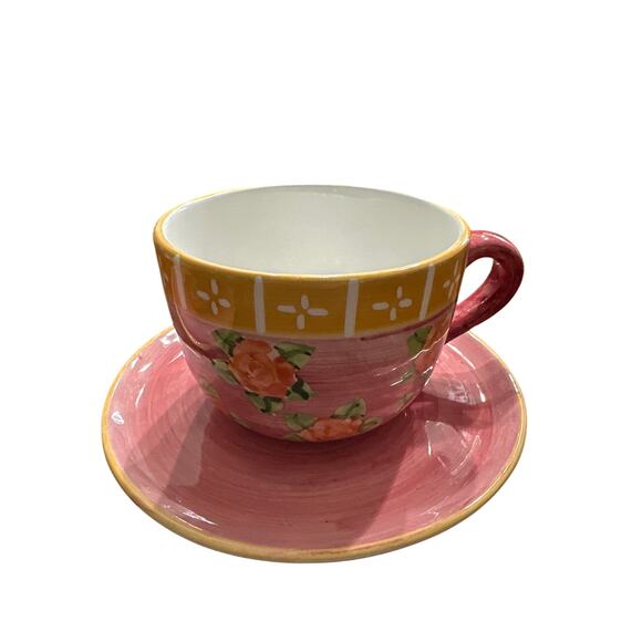 Crate & Barrel Hand Painted Flower Floral Soup Mug Cup Bowl set - Picture 3 of 13